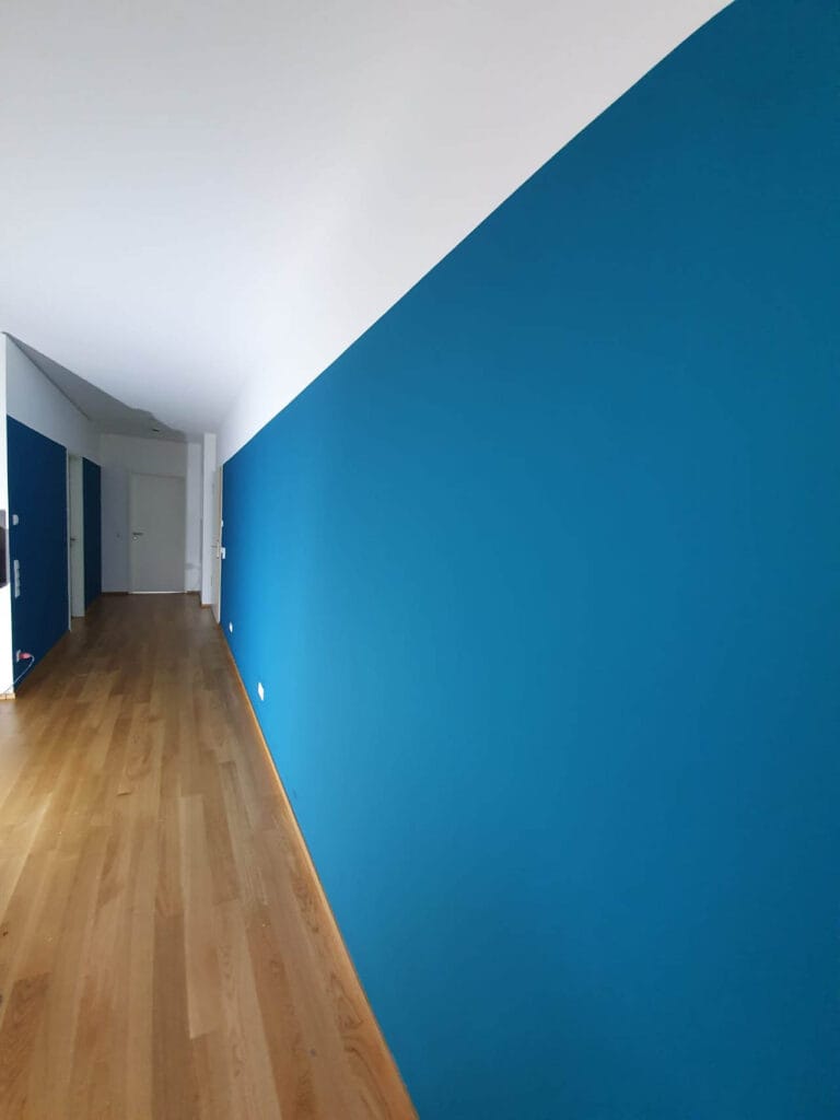 Moderner Flur mit blauen Wänden und Holzfußboden